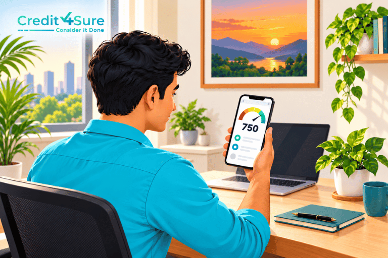 Person checking a 750 credit score on a smartphone before applying for a personal loan.